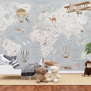 Vintage World Map Wallpaper | Hot Air Balloons and Airplanes | Timeless Adventure Design | Peel and Stick Mural