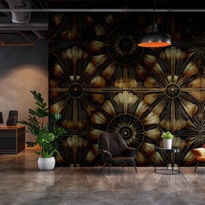 Lussuosa arte murale di ispirazione vintage / Carta da parati con motivo Art Déco dorato / Elegante design metallico per interni senza tempo