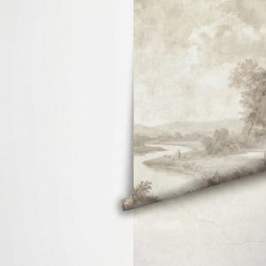 Vintage Etched Landscape River Mural, Sepia Forest Peel and Stick Wallpaper image 8