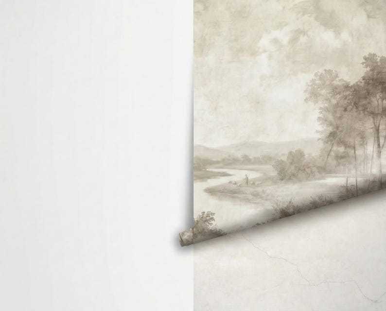 Vintage Etched Landscape River Mural, Sepia Forest Peel and Stick Wallpaper image 8
