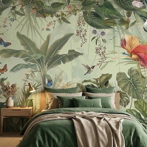 Vintage Tropical Botanical Mural, Protea Flower Butterfly Rainforest Peel Stick Wall Decor