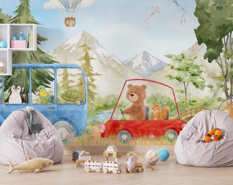 Waldtier Auto Abenteuer Wallpaper | Kinderzimmer Wandbild
