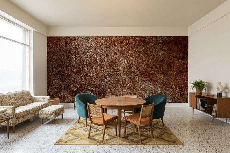 May include: A mid-century modern living room with a brown textured accent wall. The room features a round wooden table, four chairs, a sofa, and a patterned rug. Teal chairs and a wooden cabinet add color.
