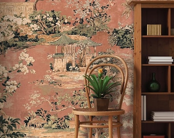 Altrosa Chinoiserie Tapete, Rosengarten Orientalische Landschaftswandbild