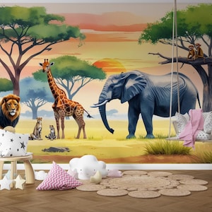 Carta da parati Safari Adventure Watercolor / Decorazione murale Safari per cameretta dei bambini / Animali della giungla con giraffe, leoni ed elefanti