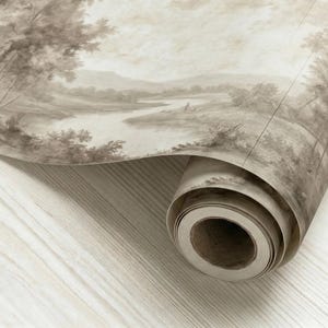 Vintage Etched Landscape River Mural, Sepia Forest Peel and Stick Wallpaper image 7