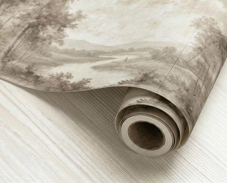 Vintage Etched Landscape River Mural, Sepia Forest Peel and Stick Wallpaper image 7