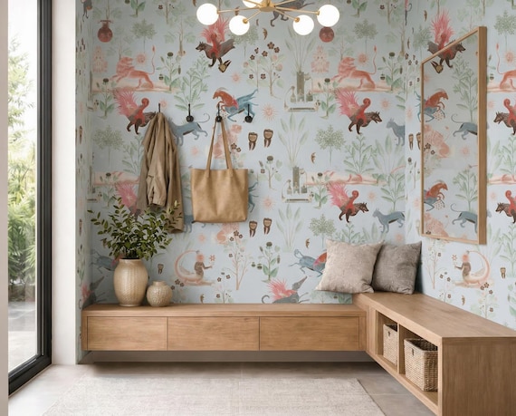 Mythological Creature Wallpaper, Whimsical Medieval Folk Art Mural, Peel and Stick