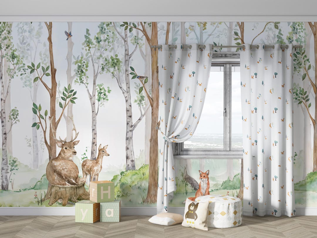 Forest Animals Wallpaper Mural, Watercolor Woodland, Kids Nursery, Peel ...