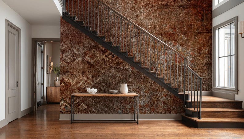 May include: A modern entryway with a staircase and a decorative console table. The staircase has dark metal railings and steps, with a textured, patterned wall in shades of brown. The console table holds a white vase and bowl.