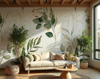 May include: A living room scene featuring a cream-colored sofa with throw pillows, a round wooden coffee table, and potted plants. The wall is adorned with a botanical mural in shades of green and gold, creating a serene and natural ambiance.