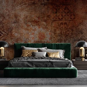 May include: A luxurious bedroom featuring a dark green velvet bed with gray and gold pillows and bedding. Two black and gold lamps sit on dark wood nightstands. The room has a textured brown wall and a gray rug.