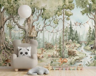 Woodland Animals Watercolor Mural, Whimsical Treehouse, Peel and Stick Kids Decor