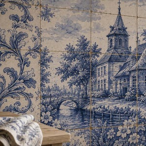 May include: A wall of square ceramic tiles featuring a blue and white transferware pattern depicting a European landscape with a church, a stone bridge over a river, and lush trees, alongside a beige bowl and a folded white cloth with blue patterns.