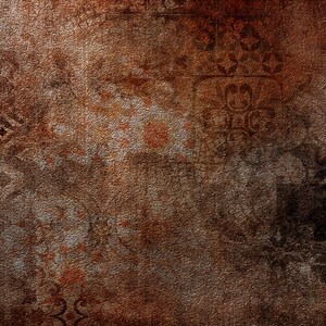 May include: A textured, abstract background with a distressed appearance. The color palette is dominated by shades of brown, rust, and hints of gray. Decorative patterns, including floral and geometric designs, are subtly integrated throughout the surface.