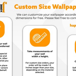 K&ouml;nnte beinhalten: Werbung f&uuml;r Tapetenbestellungen nach Ma&szlig;. Das Bild zeigt das Logo "neuf WALLPAPERS" und Anweisungen: Geben Sie die Wandabmessungen und das Material an, messen Sie die Wandbreite und -h&ouml;he und w&auml;hlen Sie ein Material. Der Text lautet "happy to help you."