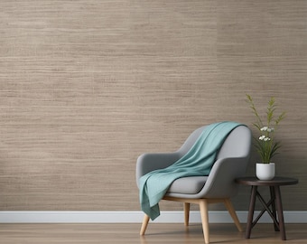 Beige Faux Grasscloth Wallpaper, Neutral Woven Texture, Japandi Style Peel and Stick Wall Mural