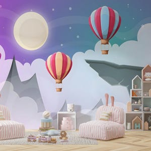 Viaggio nel cielo immaginativo / Carta da parati vibrante con avventure in mongolfiera / Decorazione colorata per la cameretta dei bambini / Murale staccabile e attaccabile