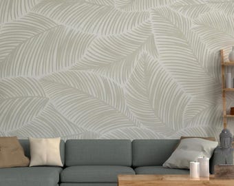 Beige Tropische Palmenblätter Tapete, Neutrales skandinavisches Wandbild zum Schälen und Aufkleben