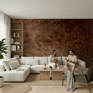May include: A modern living room with a large, off-white sectional sofa, a light wood coffee table, and a textured, reddish-brown accent wall. A couple is seated on the sofa, and a wooden bookshelf is visible. The room has a neutral color palette.