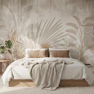 Neutral Palm Leaf Wallpaper Mural: Beige Boho Tropical Wall Decal