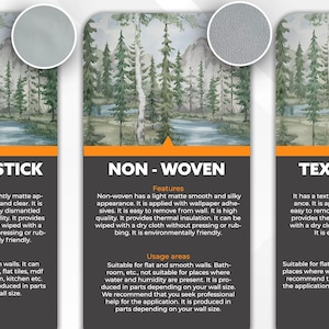 May include: Informative graphic showcasing three wallpaper types: Peel and Stick, Non-Woven, and Textile Vinly. Each panel features a watercolor landscape design with trees and a river. Descriptions highlight features and usage areas for each type.