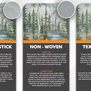 K&ouml;nnte beinhalten: Grafik mit drei Tapetenarten: Peel and Stick, Non-Woven und Textile Vinly. Jedes Panel zeigt ein Aquarell-Landschaftsdesign mit B&auml;umen und einem Fluss. Die Panels enthalten Merkmale und Einsatzbereiche.