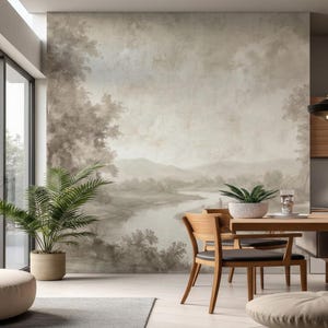 May include: A modern dining room with a large landscape mural on the wall. The room features a wooden dining table and chairs, a potted plant, and a large window. The color palette is neutral with shades of brown and gray.