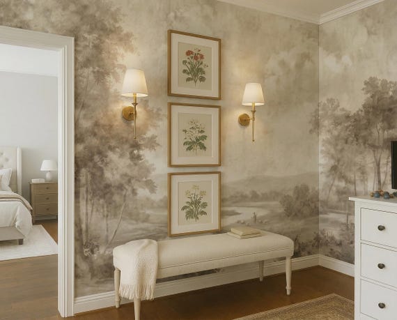 Vintage Etched Landscape River Mural, Sepia Forest Peel and Stick Wallpaper
