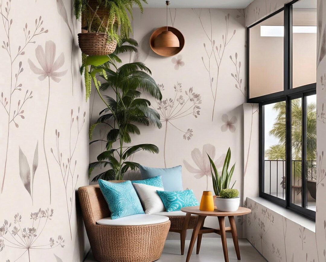 Wildflower Meadow Wallpaper, Minimalist Floral Wall Mural, Botanical ...