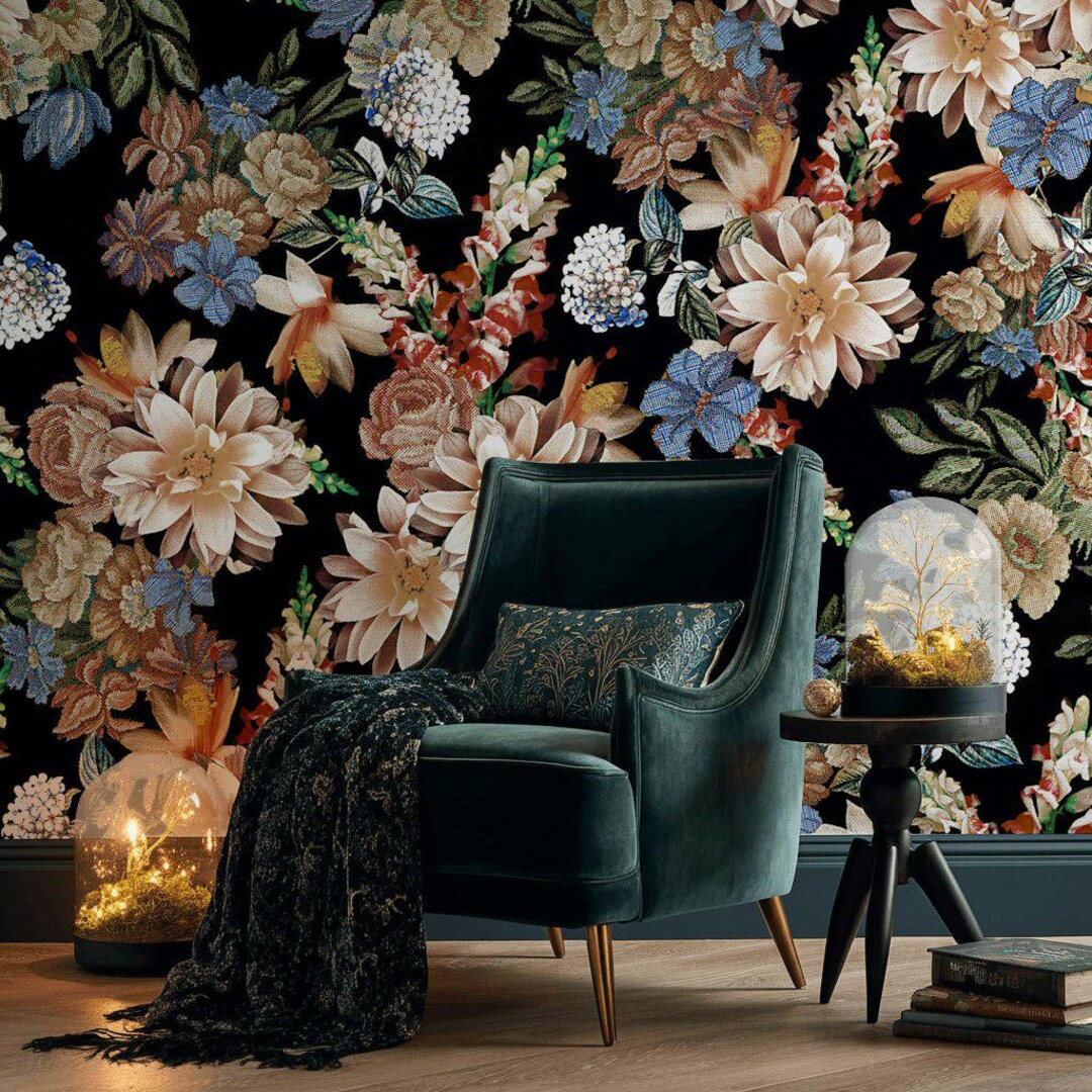 Dark Floral Wallpaper Mural, Mood Botanical Wall Art, Vintage Style ...