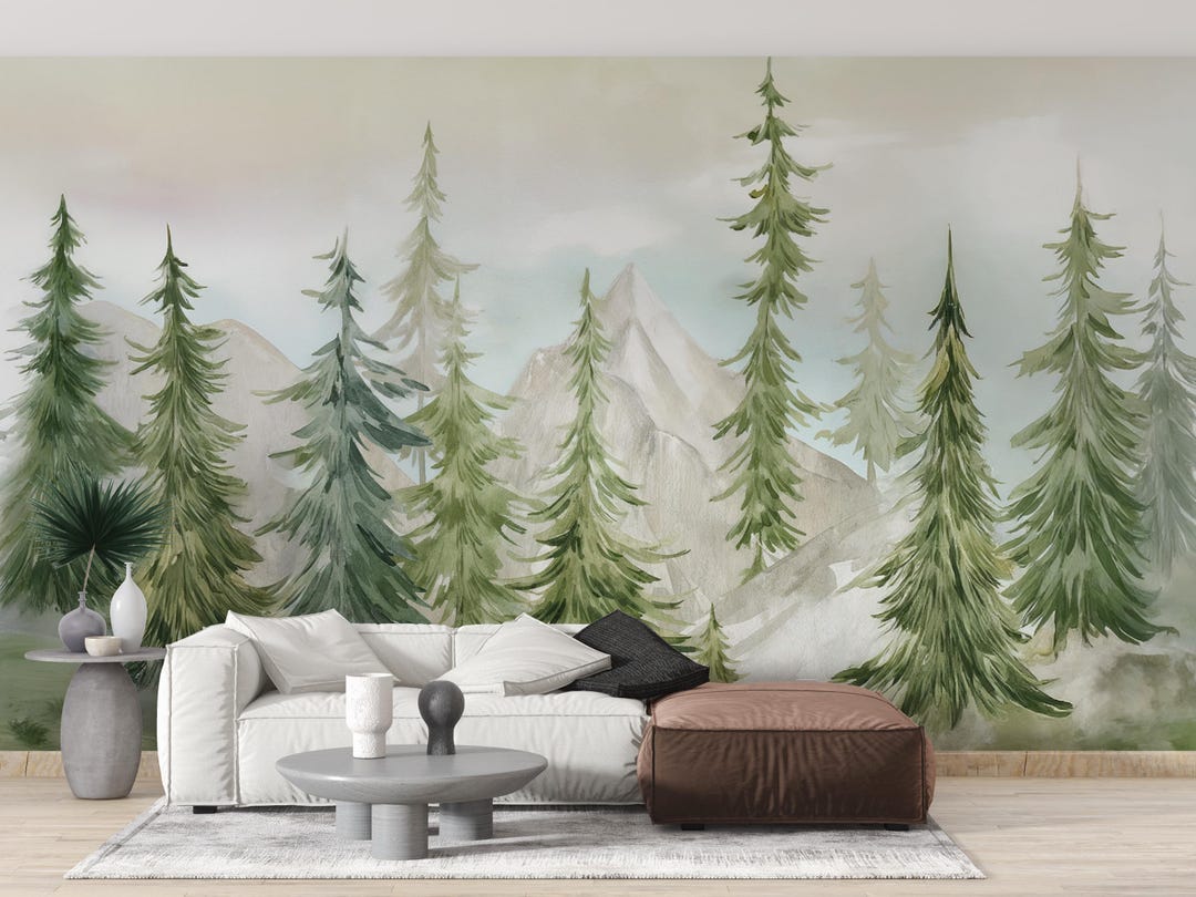 Mountain and Trees Wallpaper – Peel and Stick Nursery Wall Mural - Etsy