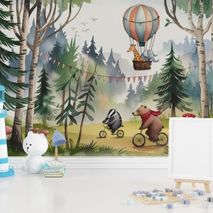Wallpapers, Whimsical Woodland Adventure | Hot Air Balloon and Cycling Animals | Watercolor Kids Wallpaper | Peel and Stick Children's Mural