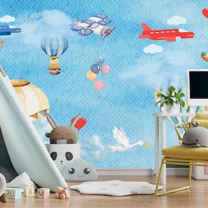 Kids Wallpaper Peel and Stick | Kids Animals with Hot Air Balloon Wall Mural