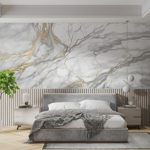 Carta da parati moderna in marmo bianco e oro / Design astratto lussuoso / Eleganti accenti metallici per spazi eleganti / Stacca e attacca