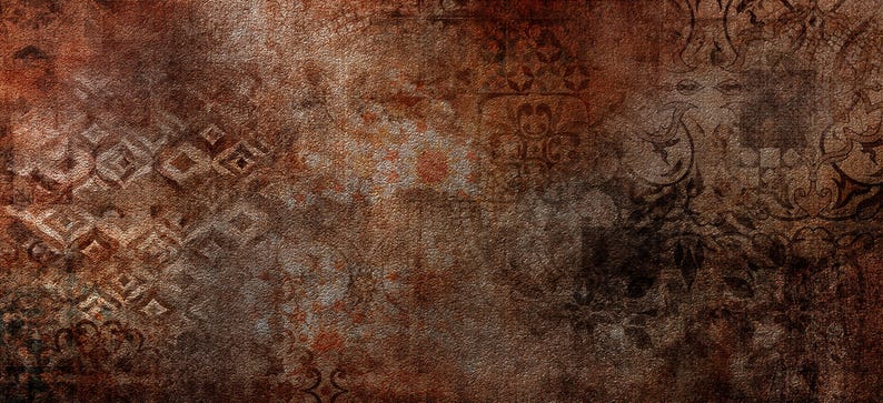 May include: A textured, abstract background with a distressed appearance. The color palette is dominated by shades of brown, rust, and hints of gray. The design incorporates subtle patterns and ornamental motifs, creating a vintage or antique aesthetic.
