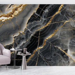 Black and Gold Marble Wallpaper, Luxurious Abstract Design, Sleek Metallic Accents for Elegant Spaces, Peel and Stick, Wall Mural, Adhesive