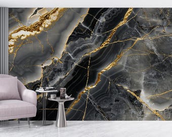 Black and Gold Marble Wallpaper: Luxurious Abstract Peel and Stick Wall Mural