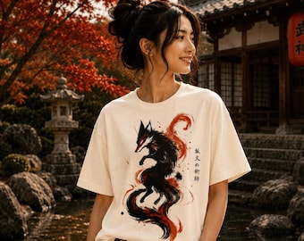 Japanese Fox T-Shirt, Kitsune Spirit Graphic Tee, Mythical Fire Fox Shirt, Anime Inspired Art Top, Aesthetic Streetwear, Anime Art Clothing