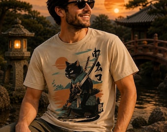 Samurai Cat Graphic T-Shirt, Perfect Gift Tee For Men & Women, Japanese Style Cat Design, Vintage Shirt For Cat Lovers, Samurai Cat Shirt