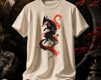 Japanese Fox T-Shirt, Kitsune Spirit Graphic Tee, Mythical Fire Fox Shirt, Anime Inspired Art Top, Aesthetic Streetwear, Anime Art Clothing