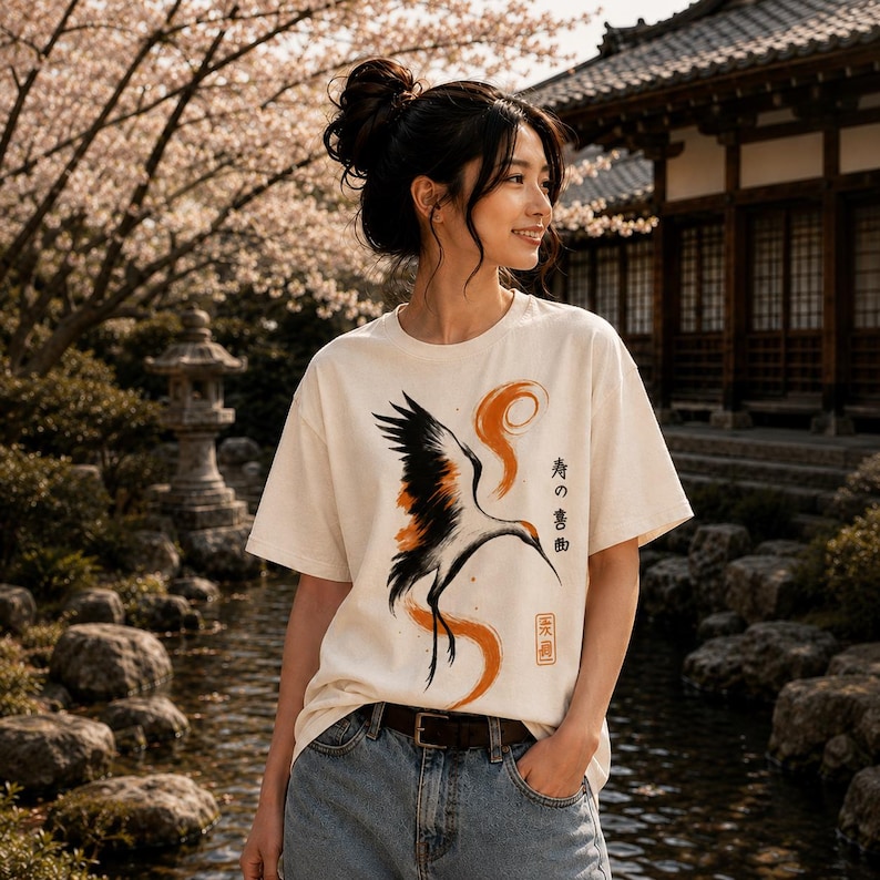 Japanese Crane T-Shirt, Minimalist Bird Art Tee, Zen Style Graphic Shirt, Asian Inspired Fashion, Nature Lover Gift Tee, Crane Bird Clothing image 1