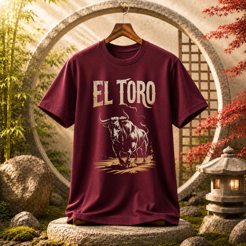 Peut inclure: Un t-shirt &agrave; manches courtes bordeaux avec une impression graphique repr&eacute;sentant un taureau en charge et le texte "EL TORO" dans une police claire et vieillie. Le t-shirt est pr&eacute;sent&eacute; sur un cintre en bois devant un cadre circulaire.