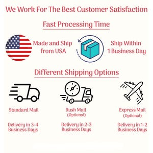 May include: Image with text: "We Work For The Best Customer Satisfaction." Includes an American flag, a box with an arrow, and icons for shipping options. Text also includes "Fast Processing Time" and "Made and Ship from USA."