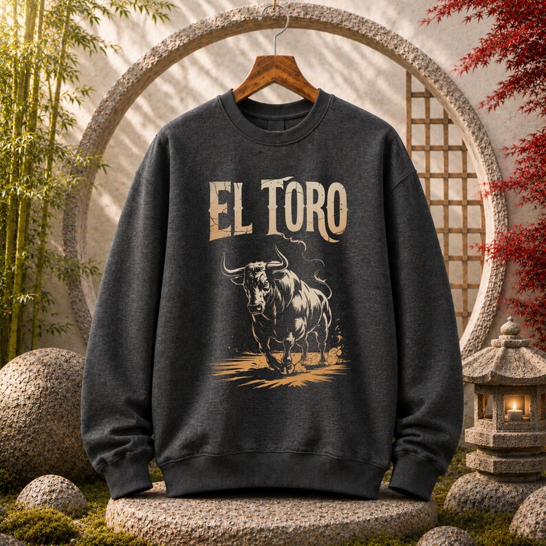 Peut inclure: Un sweat-shirt &agrave; col rond gris anthracite fonc&eacute; avec une impression graphique d'un taureau et le texte EL TORO &eacute;crit dans une police beige vieillie. Le motif repr&eacute;sente le taureau dans une posture de charge avec des ombres d&eacute;taill&eacute;es.