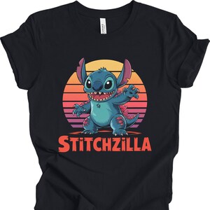 Stitchzilla Shirt, Funny Stitch Godzilla Mashup Tee, Retro Sunset Cartoon Parody Shirt, Cute Monster Shirt Gift For Fans, Parody Cartoon Tee