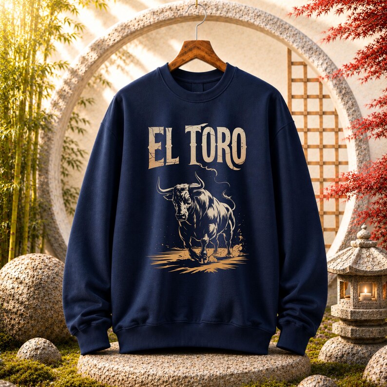 Peut inclure: Un sweat-shirt bleu marine &agrave; col rond avec une impression graphique d'un taureau de couleur beige clair. Au-dessus du taureau, le texte EL TORO est imprim&eacute; dans une police beige clair vieillie. Le sweat-shirt a des manches longues et des bords-c&ocirc;tes.