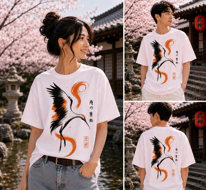 Japanese Crane T-Shirt, Minimalist Bird Art Tee, Zen Style Graphic Shirt, Asian Inspired Fashion, Nature Lover Gift Tee, Crane Bird Clothing image 3