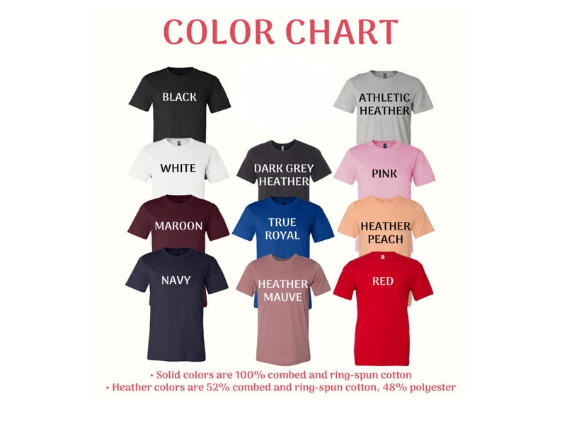 May include: A color chart displaying various t-shirt colors, including black, white, maroon, navy, and red. The chart also shows heather colors like athletic heather, dark grey heather, and heather mauve. The text "COLOR CHART" is at the top.