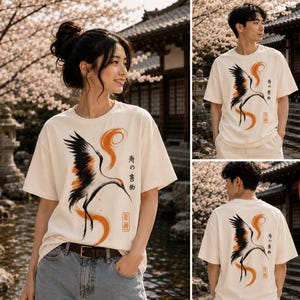 Japanese Crane T-Shirt, Minimalist Bird Art Tee, Zen Style Graphic Shirt, Asian Inspired Fashion, Nature Lover Gift Tee, Crane Bird Clothing image 5
